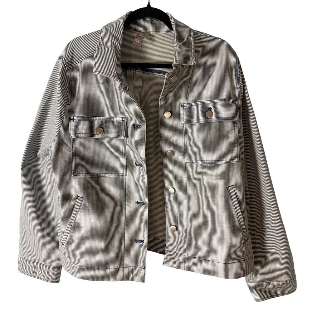 Chico's Blue White Pinstripe Utility Jacket‎ Cotton Snap Front Shacket L Coastal
